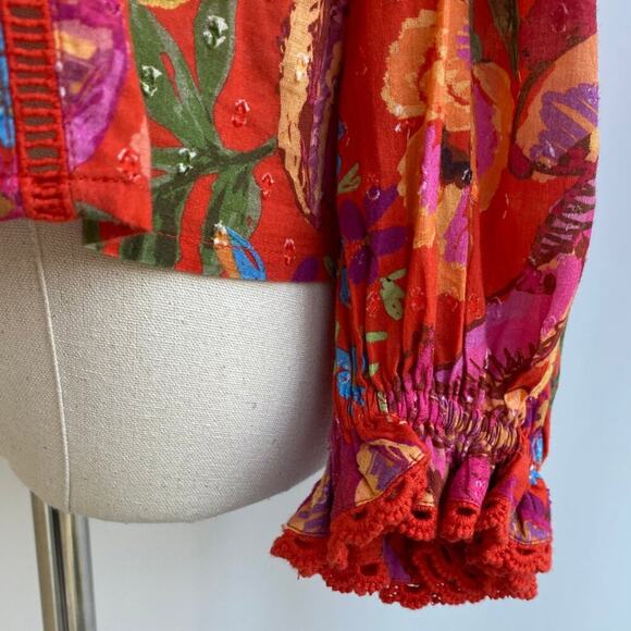 Farm Rio Bananas Ruffle Clip Dot Textured Cotton Blouse RED Puff Sleeve XS - Picture 12 of 16